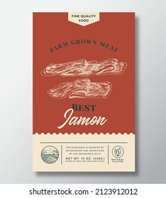 Farm Grown Meat Abstract Vector Packaging Design or Label. Modern Typography Banner, Hand Drawn Jamon Ham Sketch Silhouette. Color Paper Background Layout. Isolated