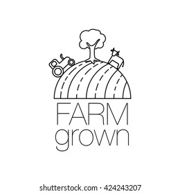 Farm grown outline icon for organic food and restaurants. Farm grown symbol with wheat field, tractor, cow and tree. Line art Vector illustration isolated on white background