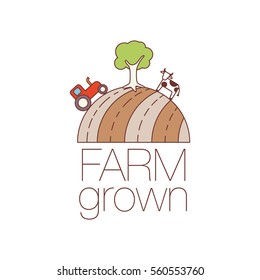 ?olored farm grown outline icon for organic food and restaurants. Farm grown symbol with wheat field, tractor, cow and tree. Line art Vector illustration isolated on white background