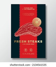 Farm Grown Steak Abstract Vector Packaging Label Design Template. Modern Typography Banner, Hand Drawn Meat Sketch Silhouette. Color Paper Background Layout With Gold Foil. Isolated