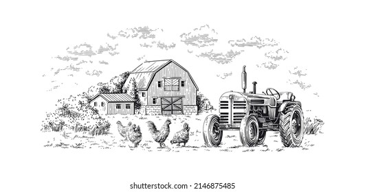 Farm Hand Drawing Sketch Engraving Illustration Style