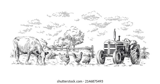 Farm Hand Drawing Sketch Engraving Illustration Style