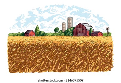 farm hand drawing sketch engraving illustration style