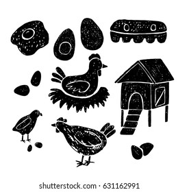 Farm hand drawn animals.Quail,chicken.Vector hand drawn illustration.