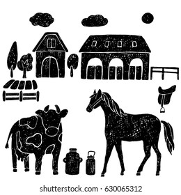 Farm hand drawn animals.Vector hand drawn illustration.Cow, horse.