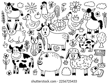 Farm hand drawn big set with different animals. Doodle style drawing. Vector illustration
