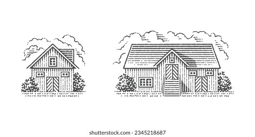 Farm. Hand drawn engraving style illustrations.