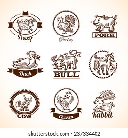 Farm hand drawn labels set with sheep turkey duck bull horse isolated vector illustration