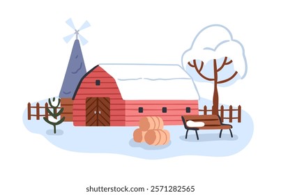 Farm hangar, shed building in winter. Barn, hay rolls outside on snow. Rural countryside shelter house, trees, bench in snowy cold weather. Flat vector illustration isolated on white background