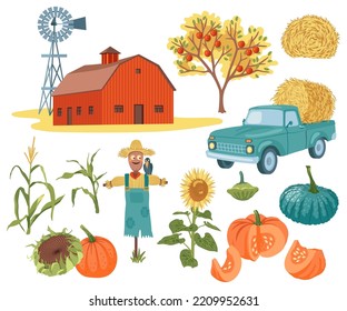 Farm harvest elements vector illustrations set. Collection of drawings of pumpkins, scarecrow, car with haystack, growing corn on white background. Farming, autumn, harvest, Thanksgiving concept