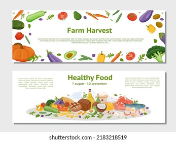 Farm harvest. Fresh vegetables and healthy eco-products on advertising posters for fair or sale. Farmer's market posters template. Set of flyers with groceries.