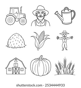 Farm Harvest Fun Coloring Page Line Art Bundle – Tractor, Barn, Corn, Wheat, Farmer, and More