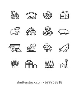 Farm harvest linear vector icons. Agronomy and farming pictograms. Agricultural symbols, farm field, agricultural equipment, tractor transport illustration