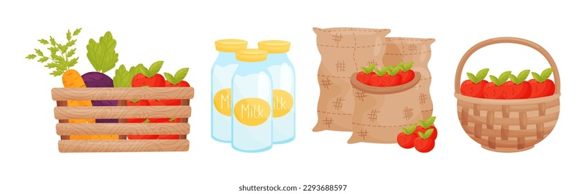 Farm Harvest with Ripe Crop and Product in Crate and Basket Vector Set