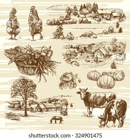 farm, harvest, rural landscape - hand drawn set