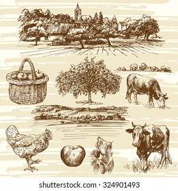 farm, harvest, rural landscape - hand drawn set