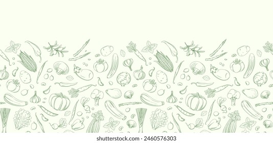 Patrón de borde de boceto lineal de vegetales para creaciones culinarias. Ilustración vectorial de patrones sin fisuras. Blanco y verde