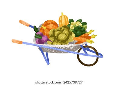 Farm harvest in wheelbarrow. Organic vegetables, natural fruits in wheel barrow. Eco garden crops, food products heap picked in agriculture cart. Flat vector illustration isolated on white background