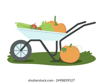 Cosecha agrícola en carretilla. Verduras orgánicas, frutas naturales en carretilla. Cultivos de huerta ecológica, productos alimenticios recogidos en el Carrito agrícola. Ilustración vectorial plana aislada sobre fondo blanco