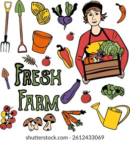 Farm harvesting. Agriculture worker, green farm, organic food production. Vector set illustration. Collection vegetables and tools with farmer