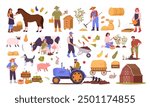 Farm harvesting. Rural agriculture workers, farm animals and harvested crop, organic food production and husbandry flat vector illustration set. Farming harvest elements collection