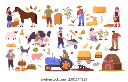 Farm harvesting. Rural agriculture workers, farm animals and harvested crop, organic food production and husbandry flat vector illustration set. Farming harvest elements collection