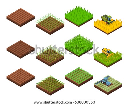 Farm harvesting set with isolated isometric square field section images at various stages of harvesting operations vector illustration