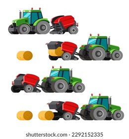 Baler de heno de grano de grano de grano de grano de arrastre con el tractor para comprimir un cultivo cortado y rastrillado en balas redondas compactas. Pintura de clip vectorial colorida sobre fondo blanco