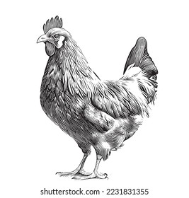 Farm hen chicken sketch hand drawn in engraved style sketch Vector illustration.
