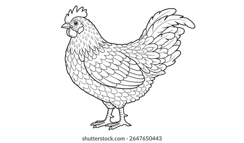 Ilustração de galinha de fazenda para coloração com foco na textura e detalhes de suas abundantes penas de plumagem