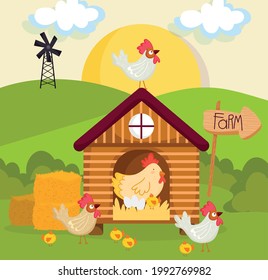 farm henhouse and poultry field cartoon