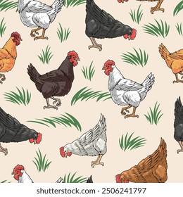 Farm hens seamless pattern colorful with roosters or chicks pecking grain walking among green grass vector illustration