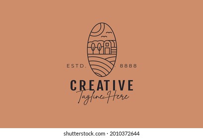 Farm Hill Warehouse line Logo Design Template. Vector Illustration of Field view. Vintage Modern Logo Line Art Design Template