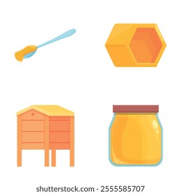 Farm honey icons set cartoon vector. Bee hive, honeycomb, honey jar and spoon. Organic food product