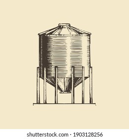 Farm hopper, graphic illustration in vector. Drawn sketch of grain container.