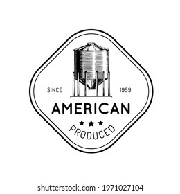 Farm hopper logo with American Produced lettering in vector. Used for market packaging, store label etc. Graphic illustration of grain container.