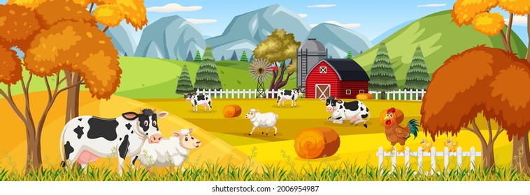 Farm horizontal landscape scene with farm animals illustration