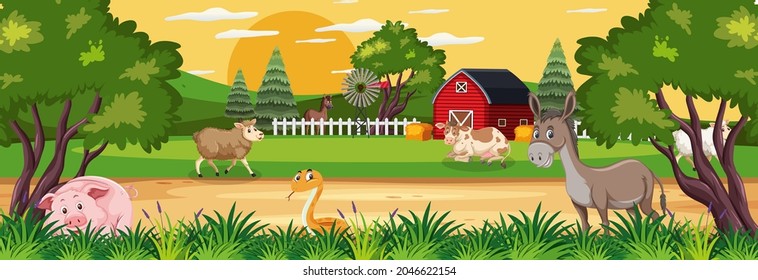 Farm horizontal landscape scene with farm animals illustration
