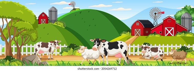 Farm horizontal landscape scene with farm animals illustration