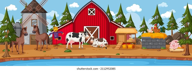 Farm horizontal landscape scene with farm animals illustration