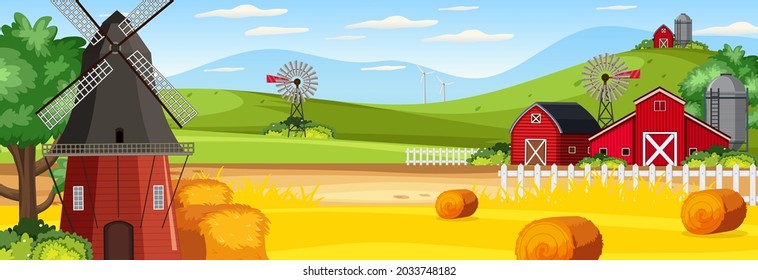 Farm horizontal landscape scene with barn and windmill illustration