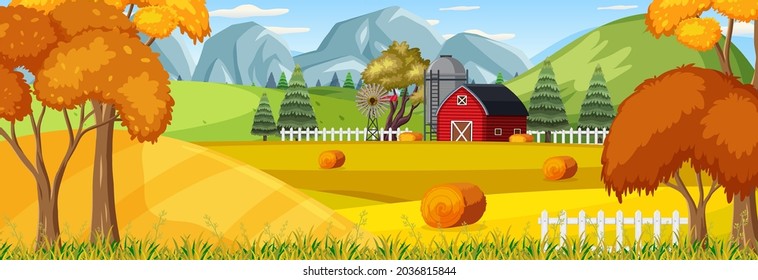 Escena horizontal de paisaje agrícola con ilustración de granero y molino de viento