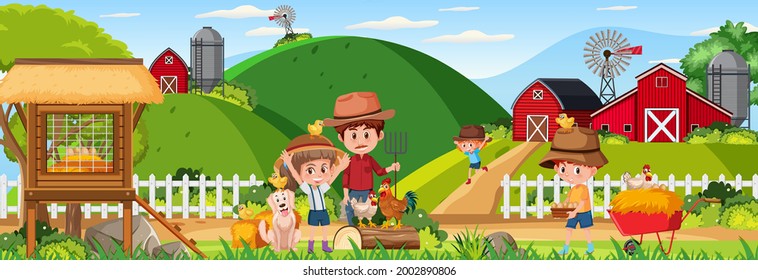 Farm horizontal landscape scene with children cartoon character illustration