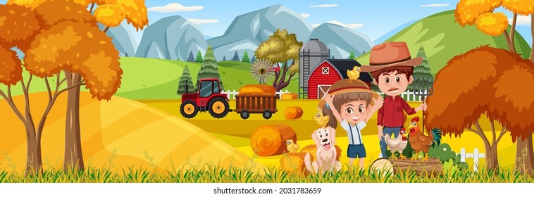 Farm horizontal landscape scene with farmer kids illustration