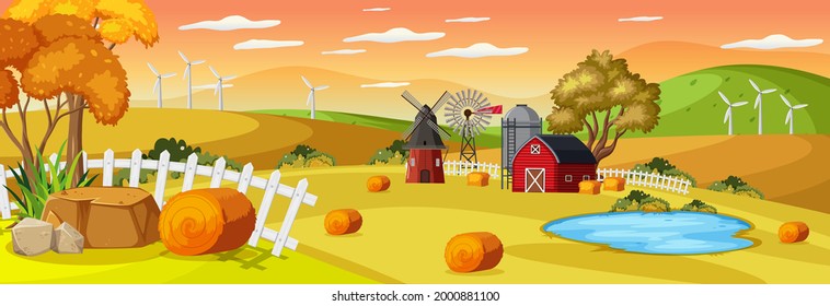 Farm horizontal landscape at sunset time scene  illustration
