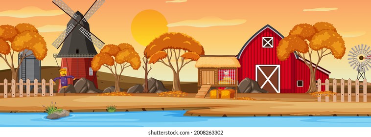 Farm horizontal landscape at sunset time scene  illustration