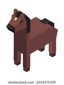 Farm horse with long tail and minimalist design, isolated wooden model, toy or figurine of animal. Fauna and cattle of rustic area, cute personage with muzzle and square shape. Vector in flat style