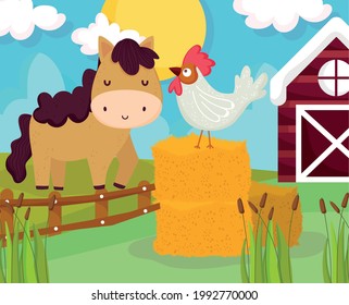 farm horse and rooster cartoon