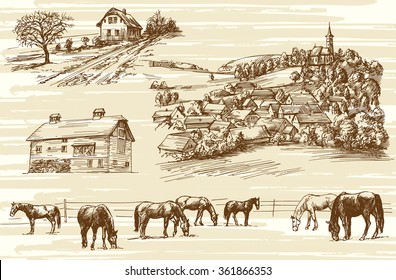 Farm and horses - hand drawn set