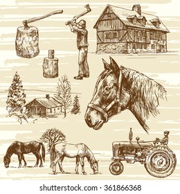 Farm and horses - hand drawn set